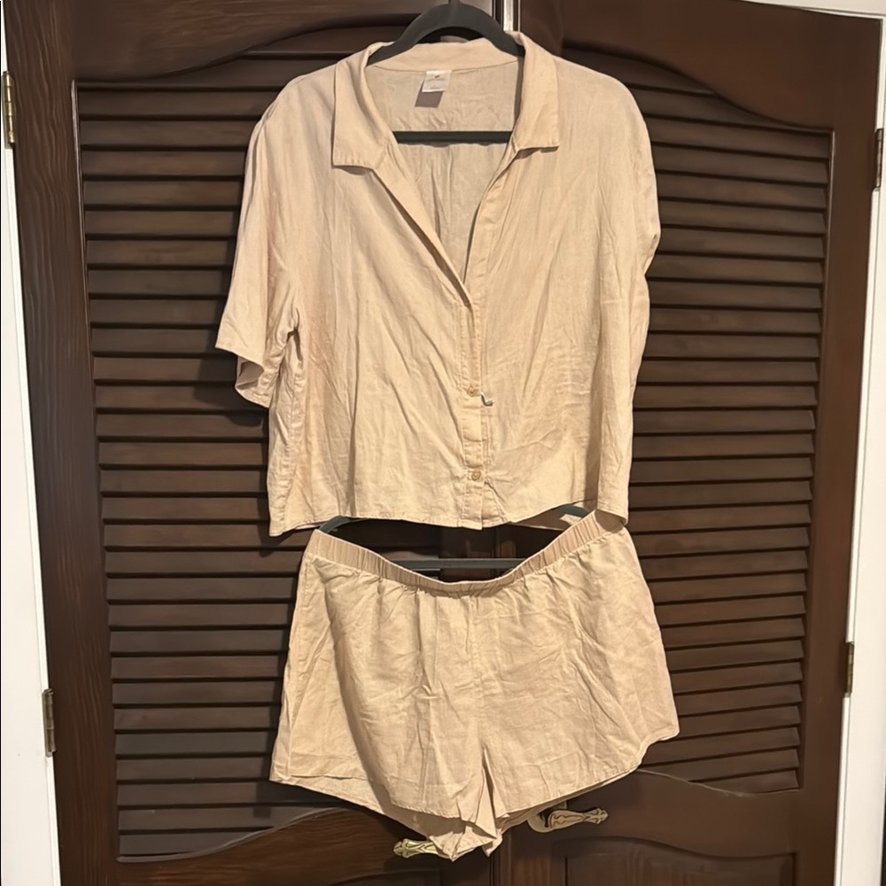 Beige Button-Up Shirt and Shorts Set